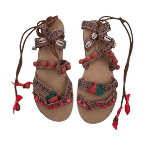 Zara Boho Lace Up Flat Sandals Size 37 Girl's